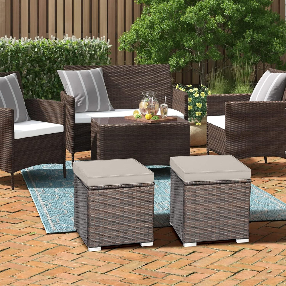 RELAX4LIFE Wicker Outdoor Storage Ottoman, 2-Piece Rattan Footstool w/Removab...