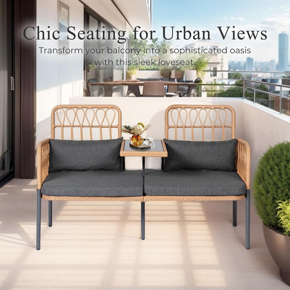 PROHIKER Patio Furniture Outdoor Rattan Loveseat 2-Seat with Built-in Table, ...