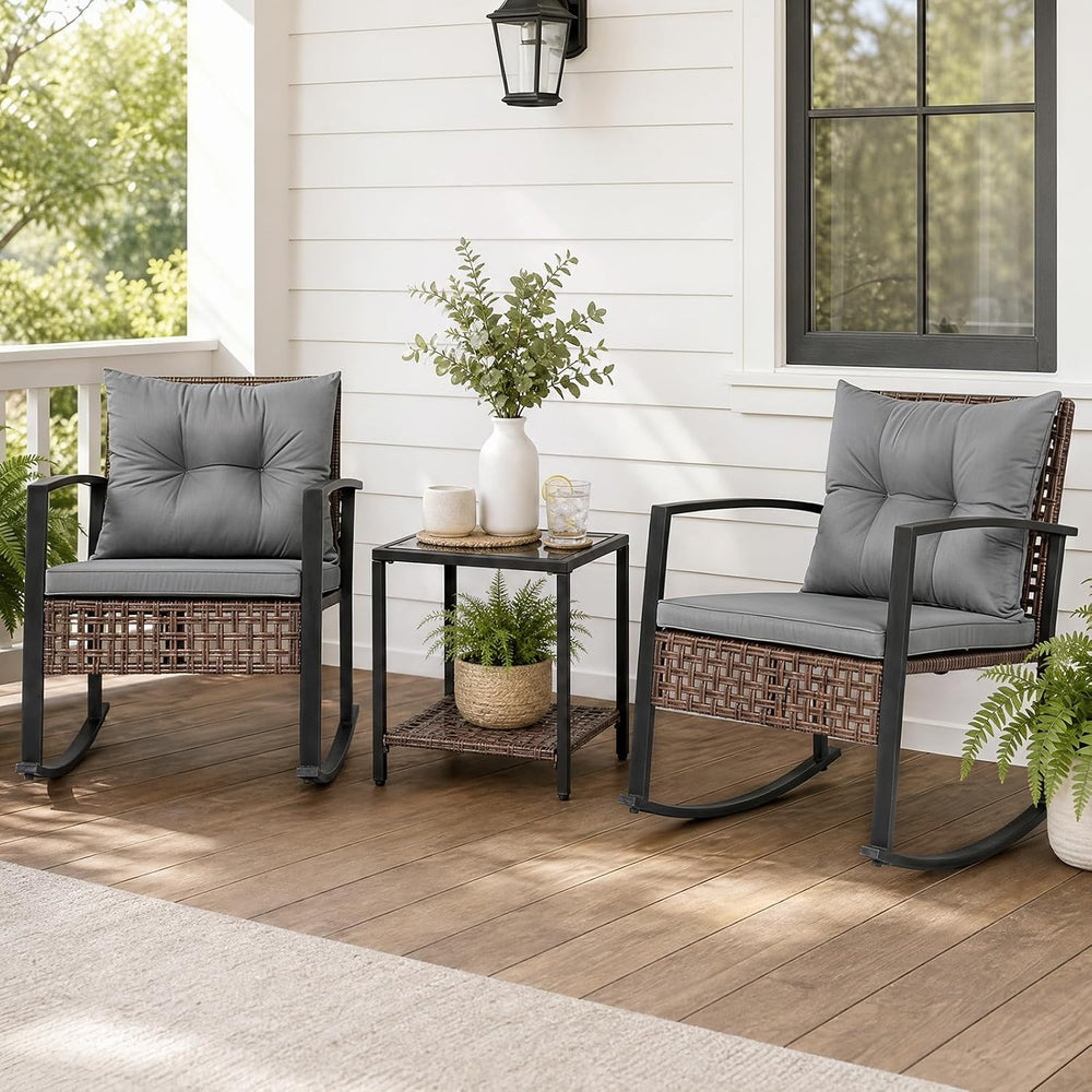 Tangkula 3-Piece Outdoor Rocking Chair Set w/ 2-Tier Glass-Top Side Table