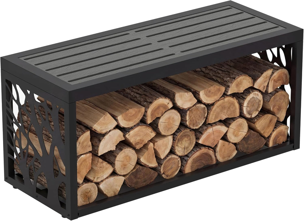 37" Outdoor Storage Bench, HDPE Seat, Steel Frame, Tree