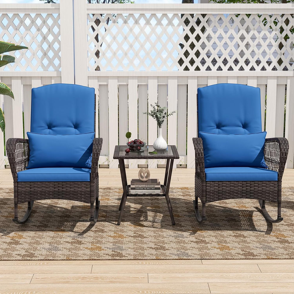 ORALNER 3 Pieces Patio Rocking Chair Set, Wicker Bistro Set (Navy)