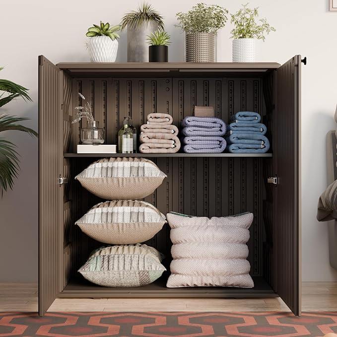 Indoor Outdoor Storage Cabinet Waterproof with 1 Shelf, Plastic Outdoor Stora...