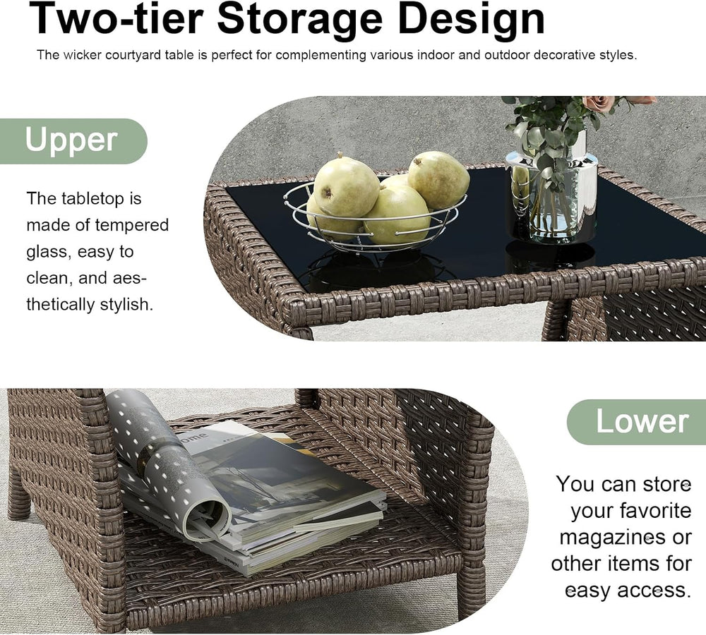 kinbor Set of 2 Outdoor Wicker Side Table, Glass Top & Storage Shelf, Brown