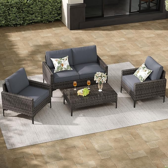 Jing's Villa 4-Piece Outdoor Sectional Sofa Set, All-Weather Wicker Patio...