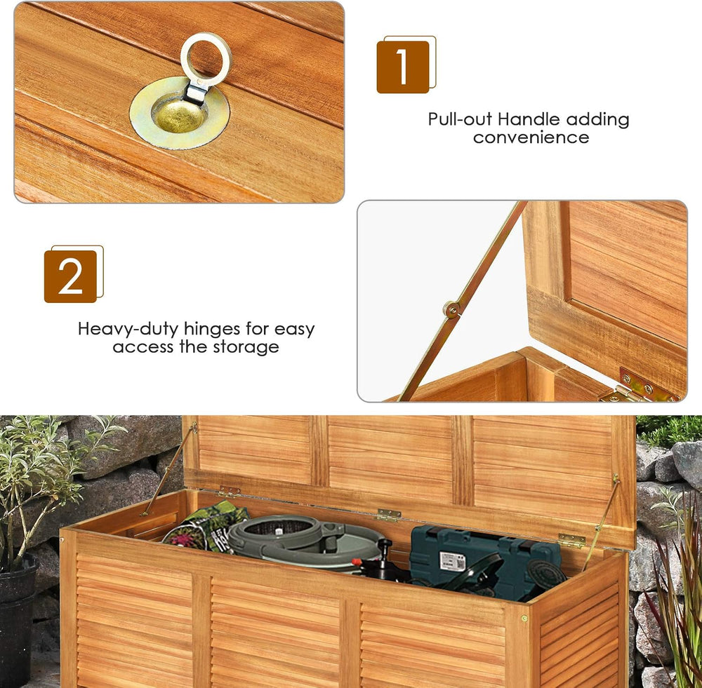 HAPPYGRILL 46 Gallon Acacia Wood Deck Box, Outdoor Storage Box Garden Tools B...
