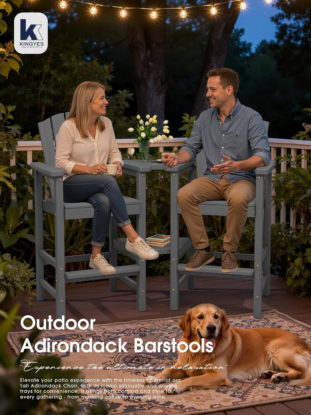 Tall Adirondack Chair Set of 2 with Double Connecting Trays, Gray