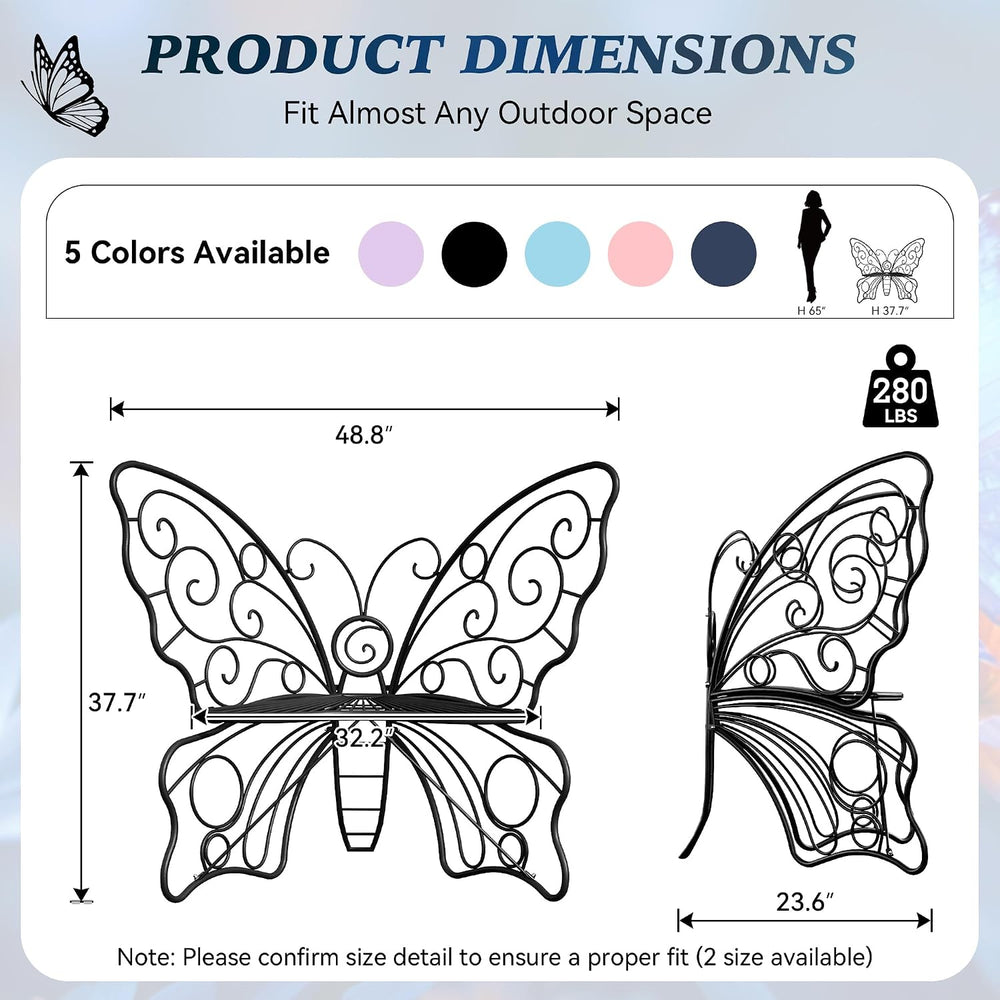 49 Inch Outdoor Butterfly Bench with Cast Iron Metal Frame, Black