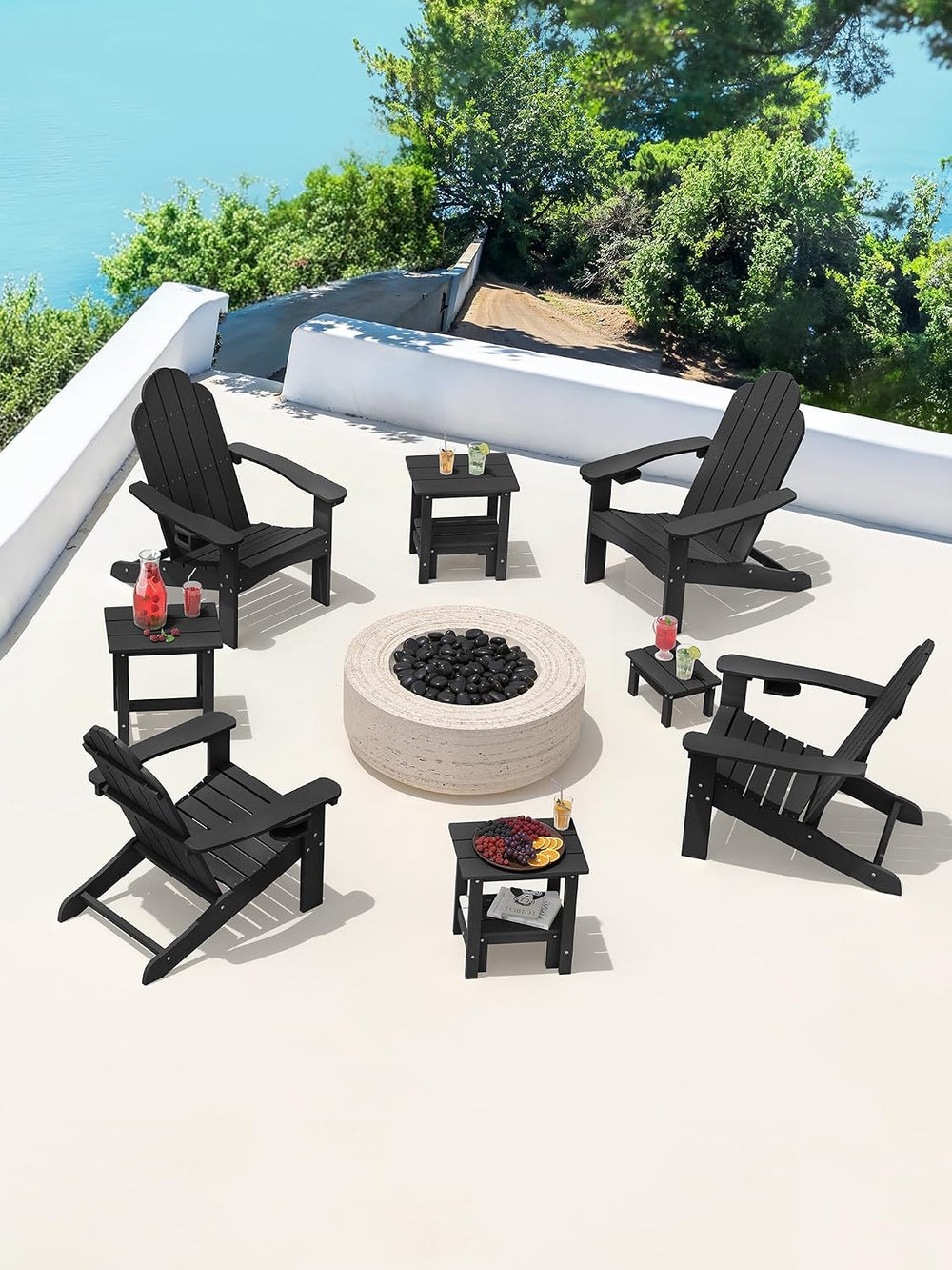 LUE BONA Small Outdoor Side Table with Removable Footstool for Patio, Black