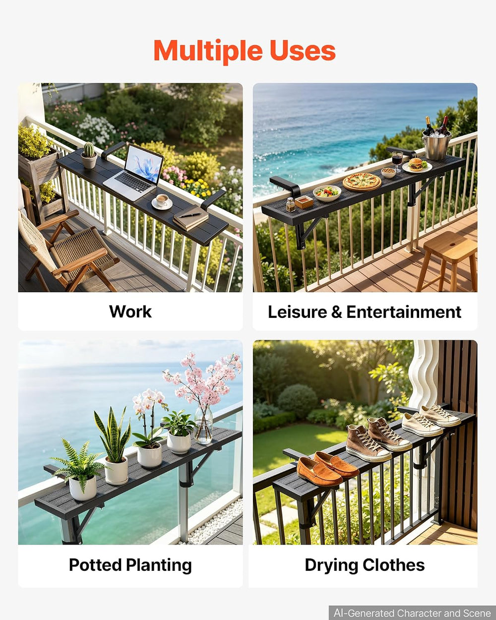 VEVOR Balcony Hanging Table 49" x 9.4" 60 lbs Balcony Railing Bar T...