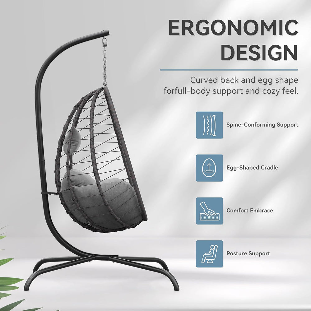 ALAULM Foldable Egg Chair with Stand, 485LBS Capacity Wicker Rattan Hammock S...
