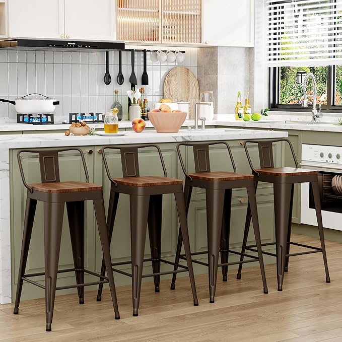 WENTMENT Bar Stools Set of 4 Counter Height Bar Stools Metal Barstools with R...