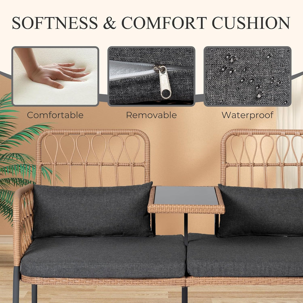 PROHIKER Patio Furniture Outdoor Rattan Loveseat 2-Seat with Built-in Table, ...