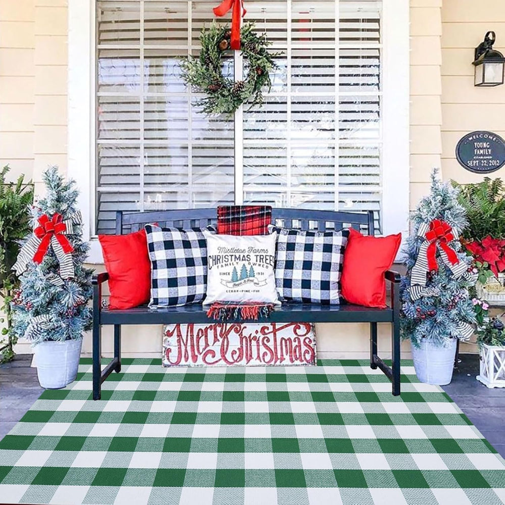 Green and White Buffalo Plaid Outdoor Rug Spring Door Mat Layering Rug Welcom...