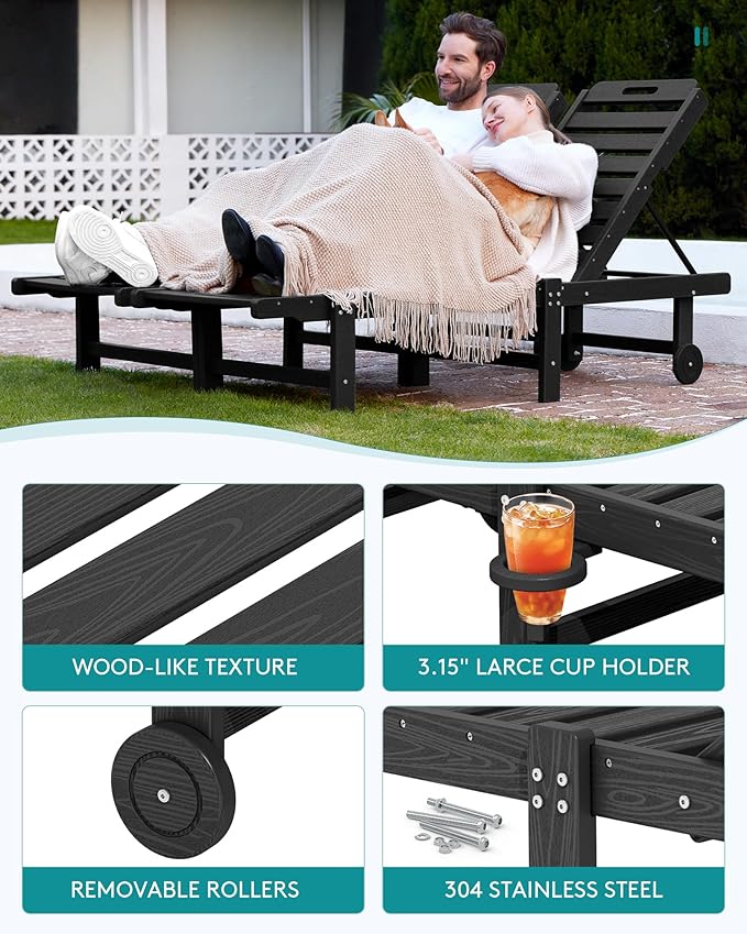 SERWALL Outdoor Chaise Lounge Set of 6, HDPE Pool Lounge Chair with 5-Positio...