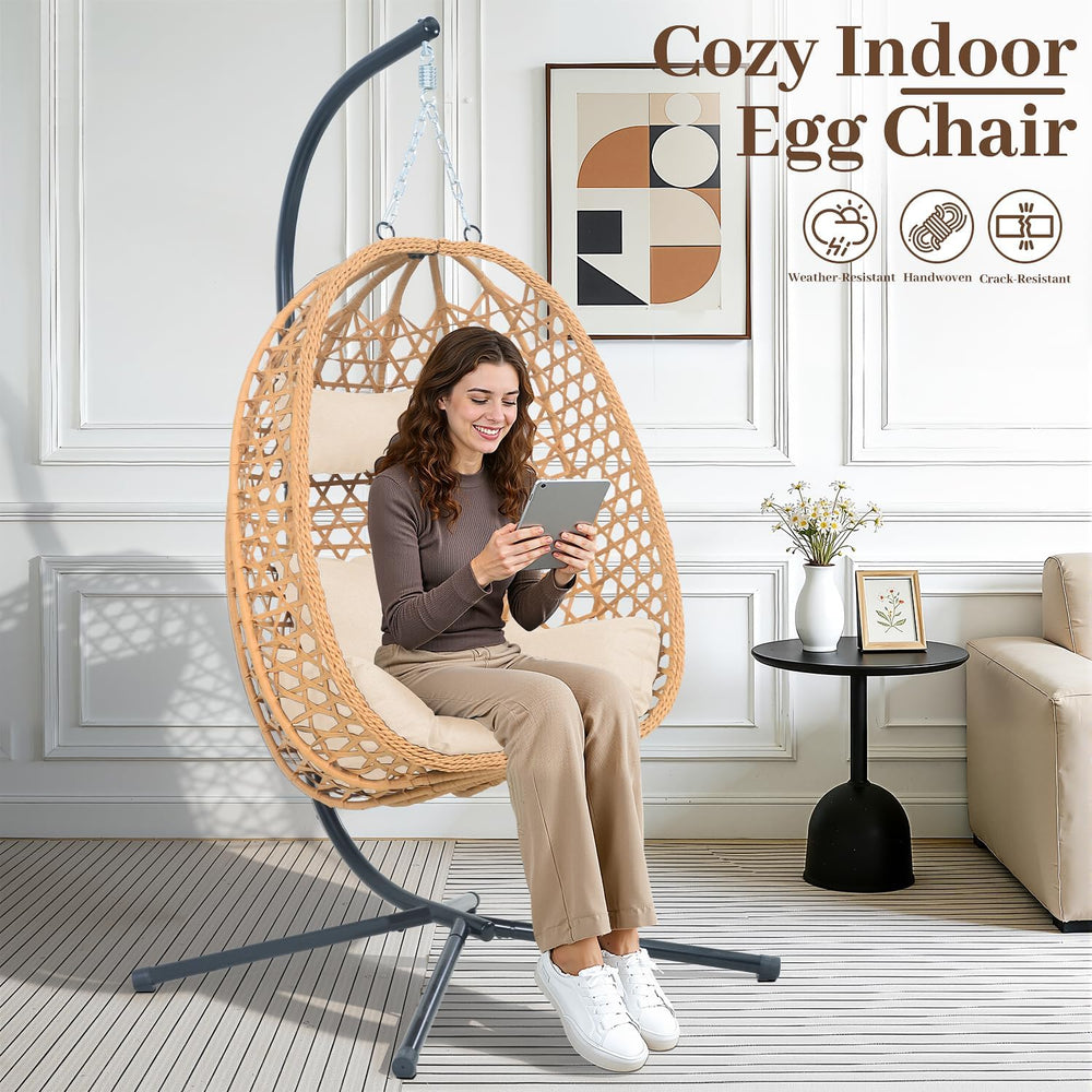 Outdoor Hanging Egg Chair with Stand,Patio Rattan Hammock Chair,Burlywood
