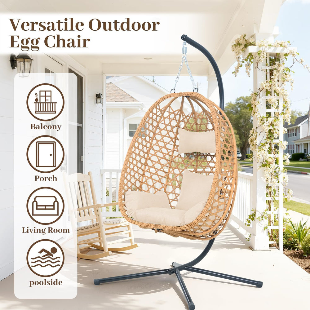 Outdoor Hanging Egg Chair with Stand,Patio Rattan Hammock Chair,Burlywood