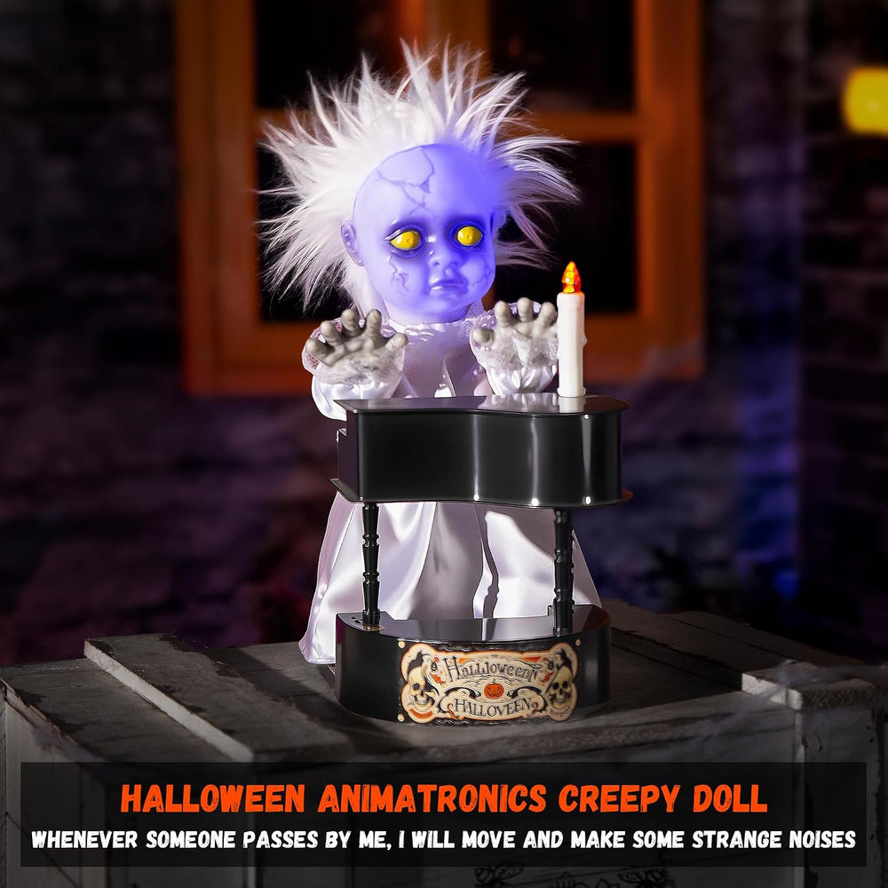 Halloween Animatronics Decorations, 13.7'' Creepy Doll with Piano, An...