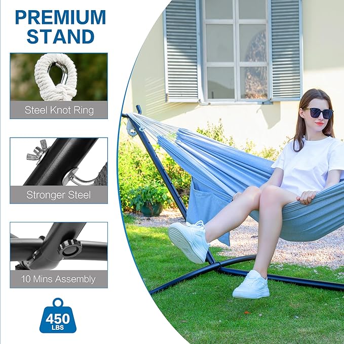 PNAEUT Double Hammocks with Stand for Outside, Portable Space Saving Heavy-Du...