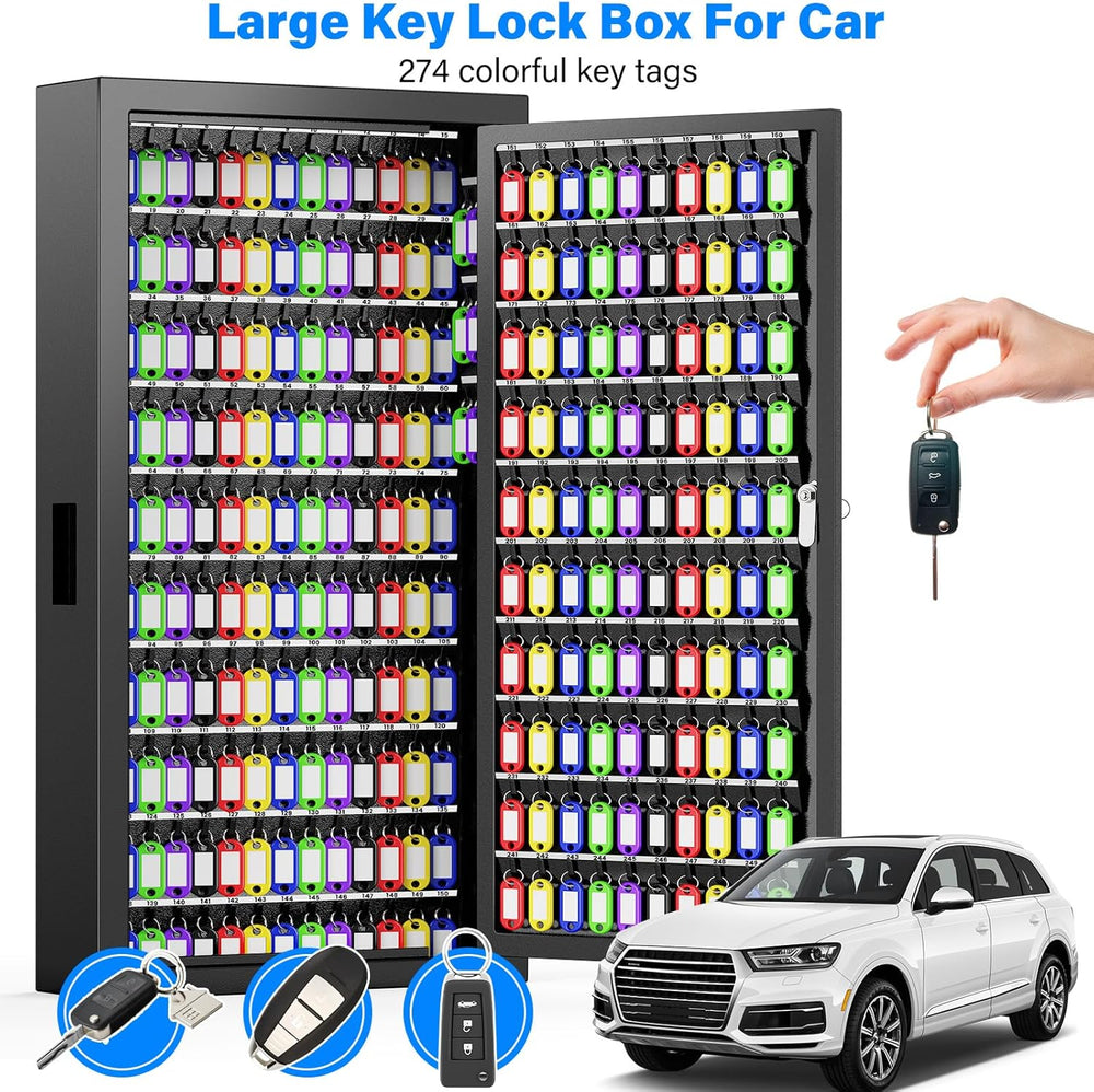 250 Keys Key Lock Box Wall Mount with Additional 24 Side Hooks and Key Tags
