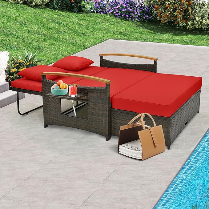Tangkula Patio Rattan Daybed with 4-Level Adjustable Backrest, Outdoor Wicker...