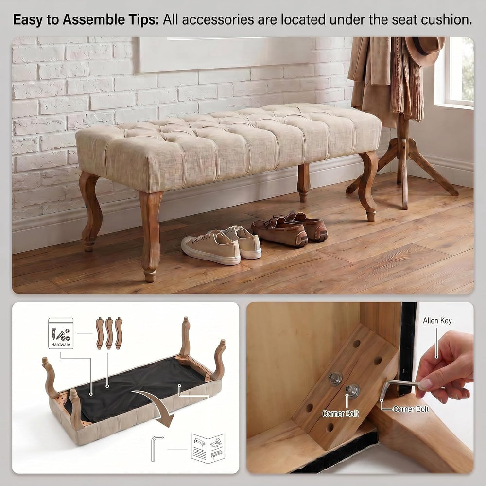 40" Accent Bench, Upholstered Tufted Ottoman Bench French Vintage Entryw...
