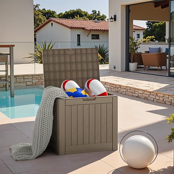 JUMMICO 42 Gallon Deck Box Waterproof, Resin Outdoor Storage Box with Side Ha...