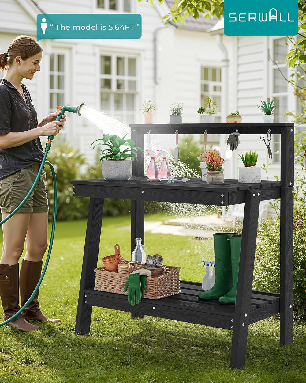SERWALL 3-Tier Outdoor Potting Bench with Storage,Gardening Table,Black