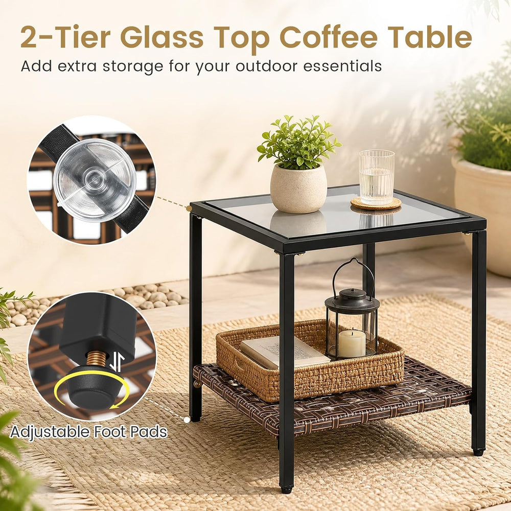Tangkula 3-Piece Outdoor Rocking Chair Set w/ 2-Tier Glass-Top Side Table