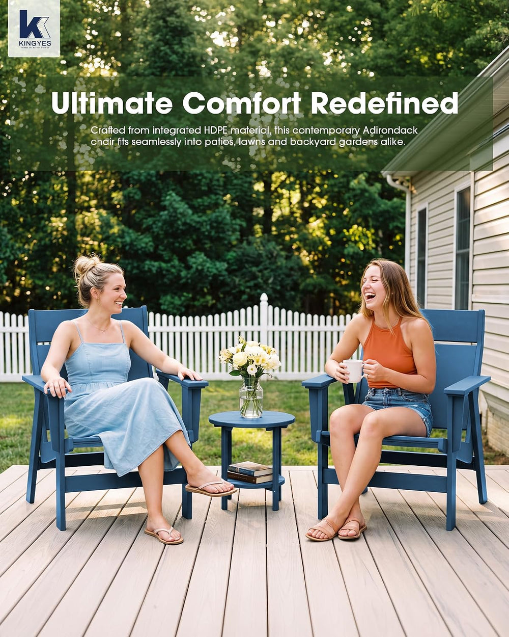 KINGYES Modern Adirondack Chair Set of 2, Slateless Design, Navy