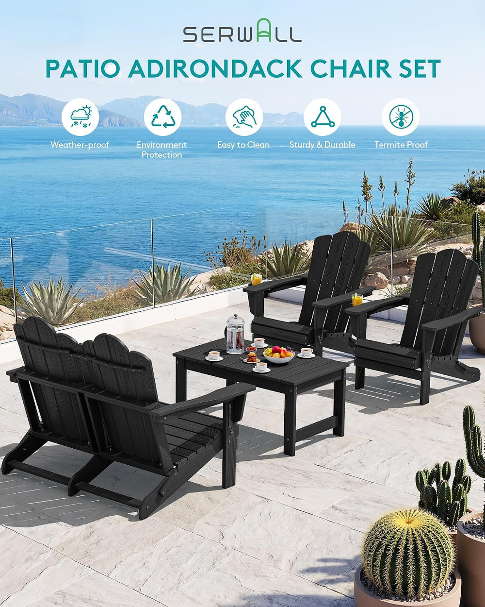 SERWALL Folding Adirondack Bench, HDPE Outdoor Bench, 660lbs Cap, Black