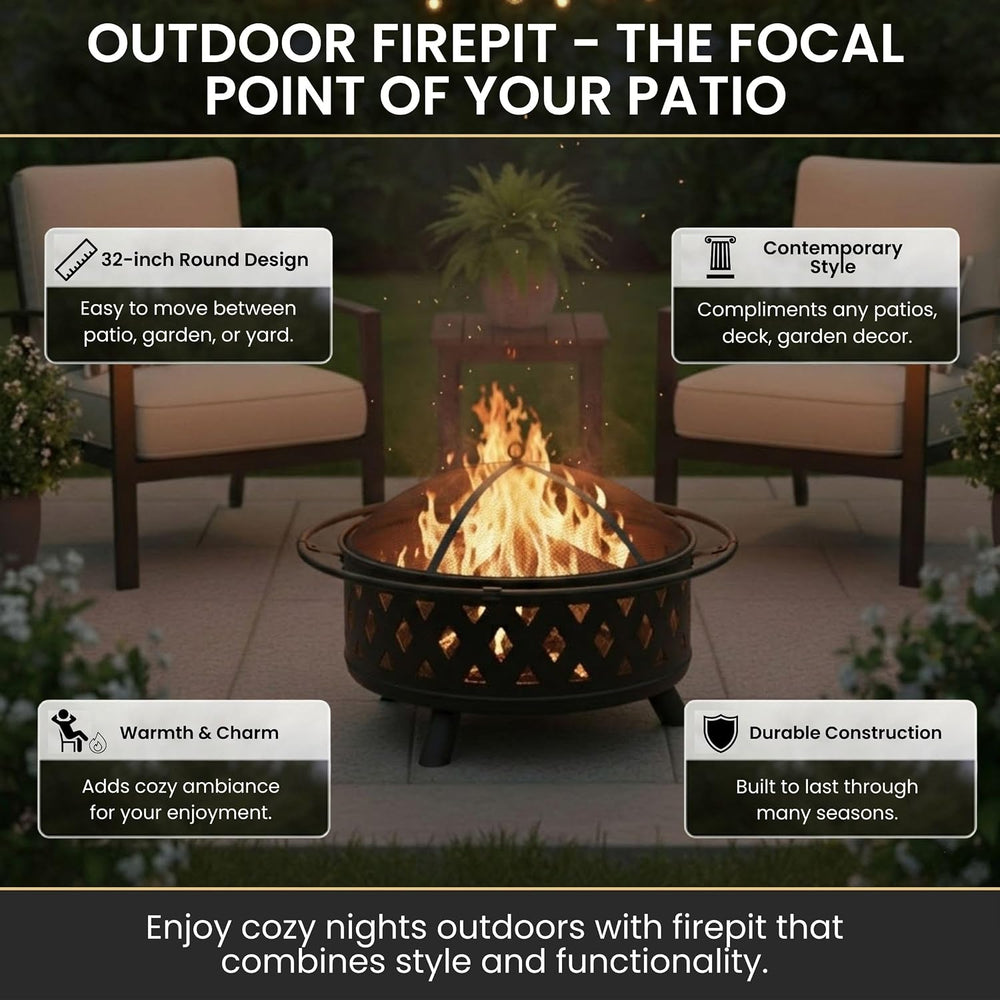 Pure Garden Outdoor Fire Pit with Cross Weave Pattern, Black, 32-Inch