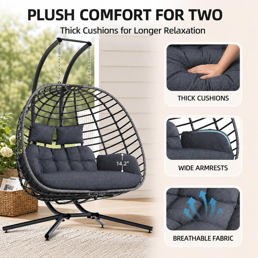 Double Egg Swing Chair with Stand, Outdoor 650LBS, Dark Gray