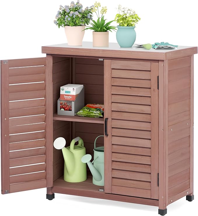 Outdoor Storage Cabinet & Potting Bench Table with Metal Top, Wooden Pati...