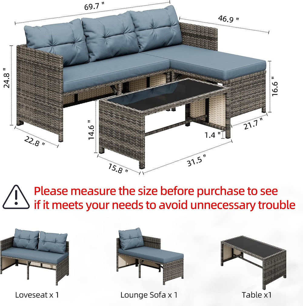 Shintenchi 3 Pieces Patio Furniture Set,Outdoor Sectional Sofa,Blue-Gray