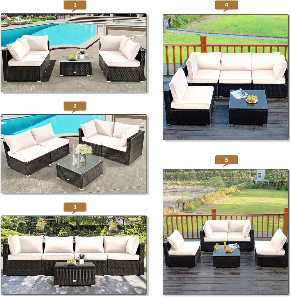Tangkula 5 Pieces Patio Furniture Set, All Weather Wicker L-Shaped Corner Sof...