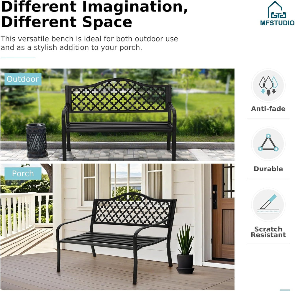 MFSTUDIO Outdoor Metal Bench Set of 2, 50" Black Outdoor Metal Garden Be...