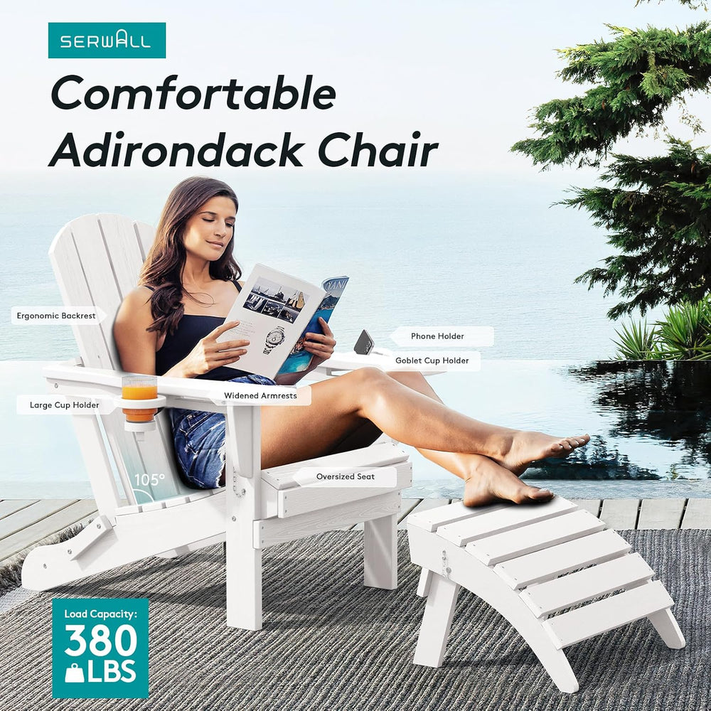 SERWALL Outdoor Adirondack Chair Set of 2 with Cup Holders,Foldable,White