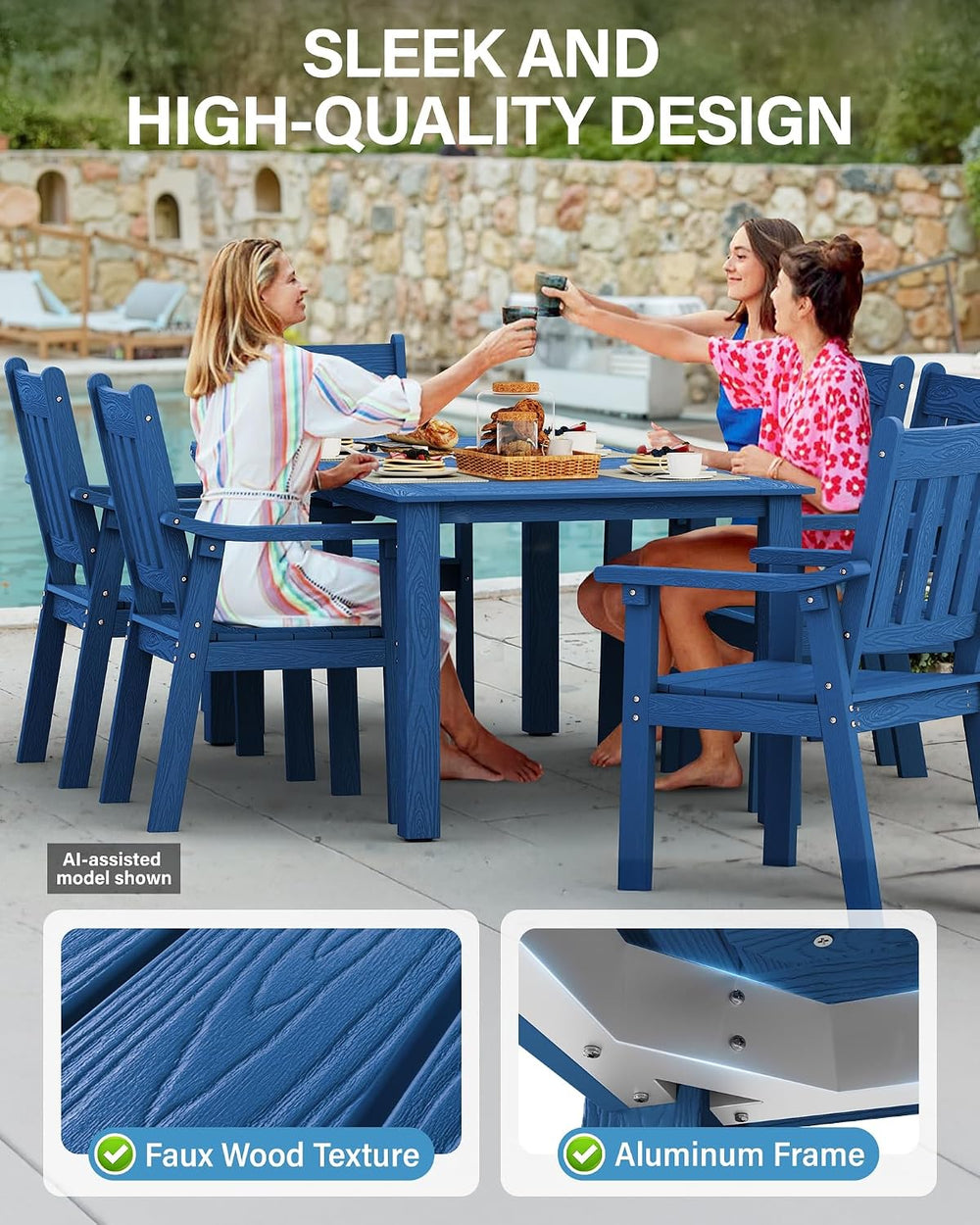 YEFU 5-Piece Patio Table Set, All-Weather HIPS, Metal Aluminum Frame, Blue