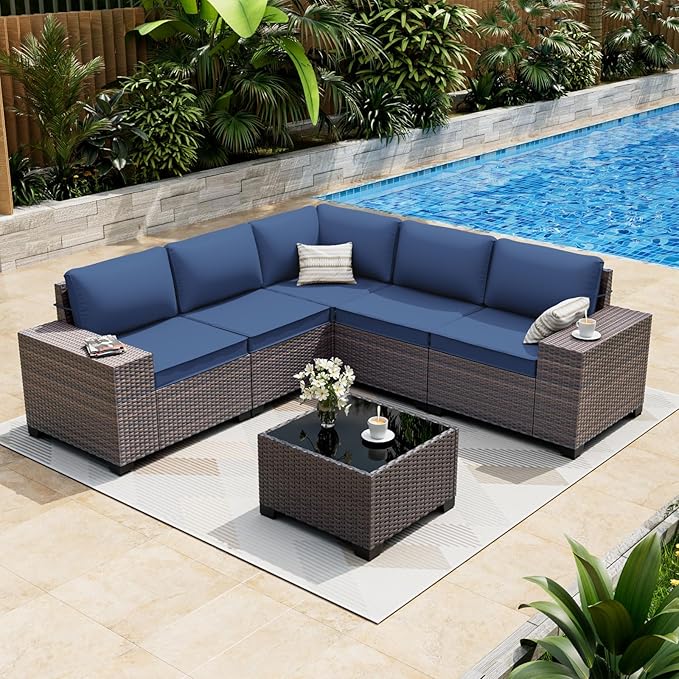 ALAULM 6 Pieces Patio Furniture Set, Oversized Seat/Armrest and High Back Wic...
