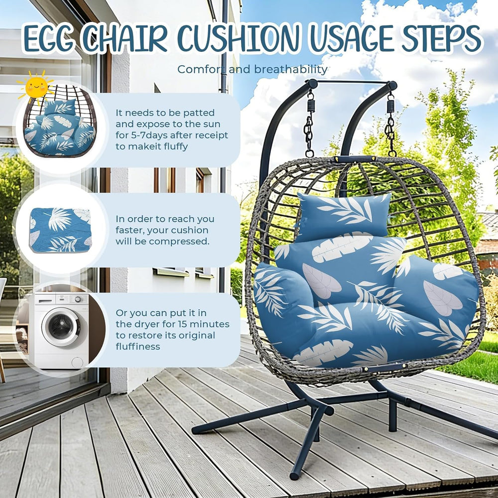 Waterproof Egg Chair Cushion Replacement 47x31.5x4.7" Thicken Blue Leaf2#