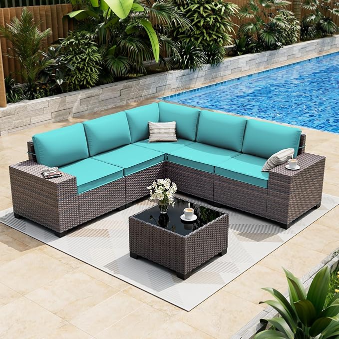 ALAULM 6 Pieces Patio Furniture Set, Oversized Seat/Armrest and High Back Wic...