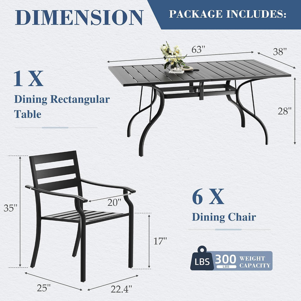 HOMREST 7 Piece Outdoor Patio Dining Set for 6, 63" Rectangular Metal Ta...