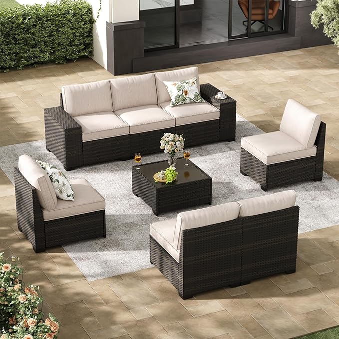 Jing's Villa 8-Piece Patio Furniture Set, All-Weather Outdoor Wicker Sect...