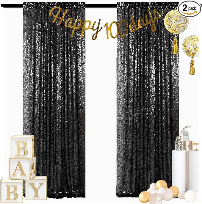 ShinyBeauty Black Backdrops 2 Pieces Sequin Curtains 4FTx7FT Photoshoot Backg...