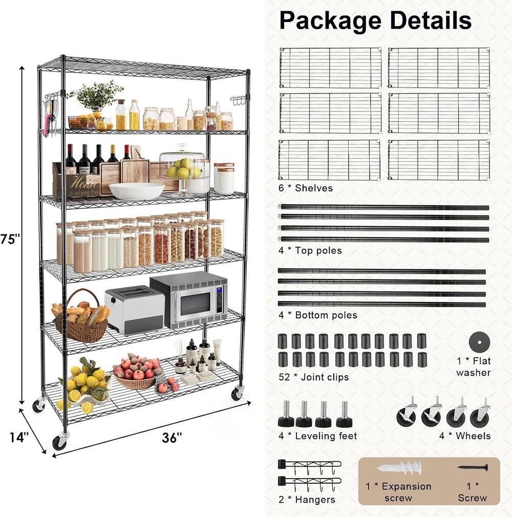 YNN Storage Shelves,2100Lbs 6 Tier Heavy Duty Metal Rolling Shelving Unit wit...