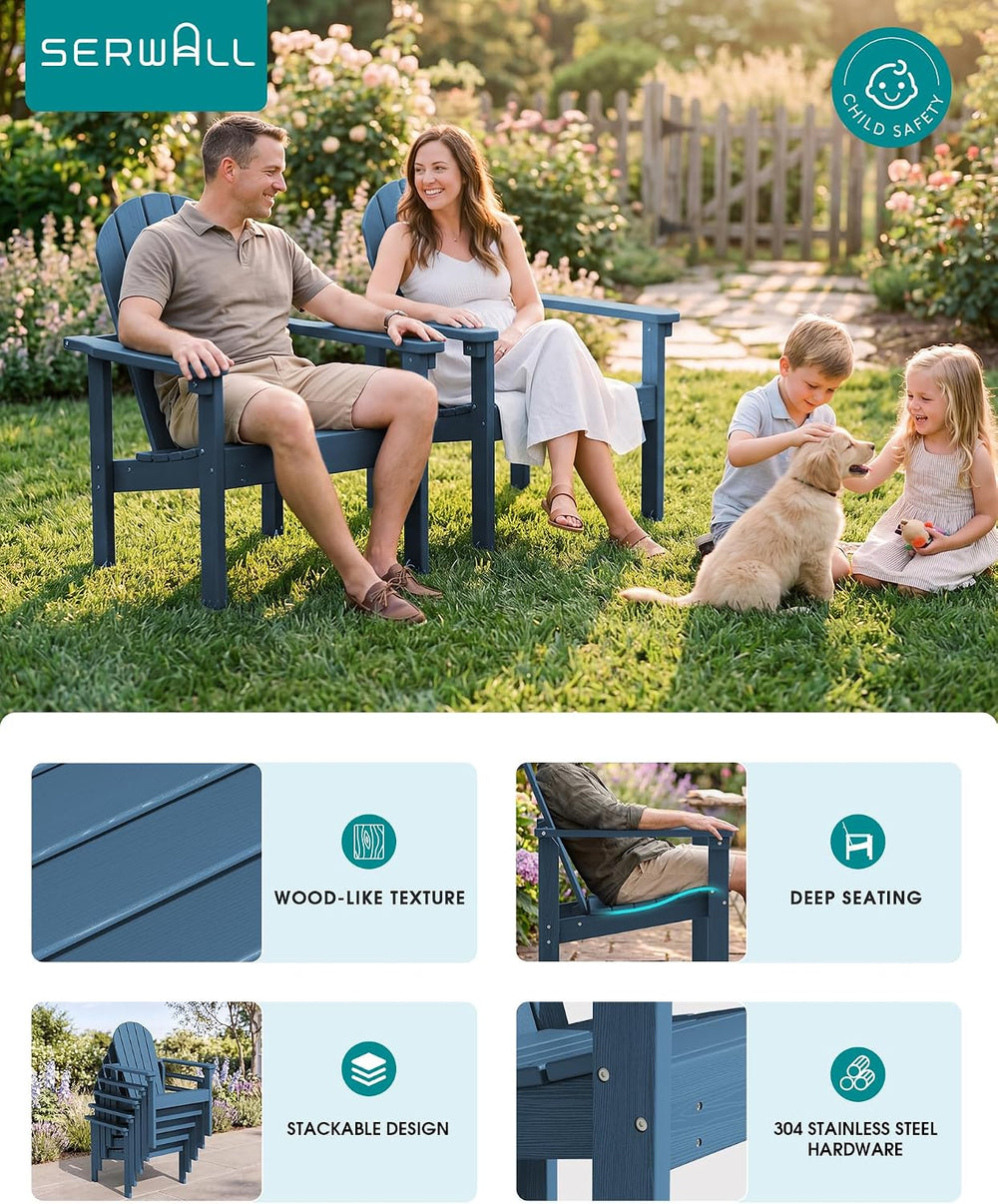 SERWALL HDPE Stackable Adirondack Chairs Set of 2,Space-Saving, Blue