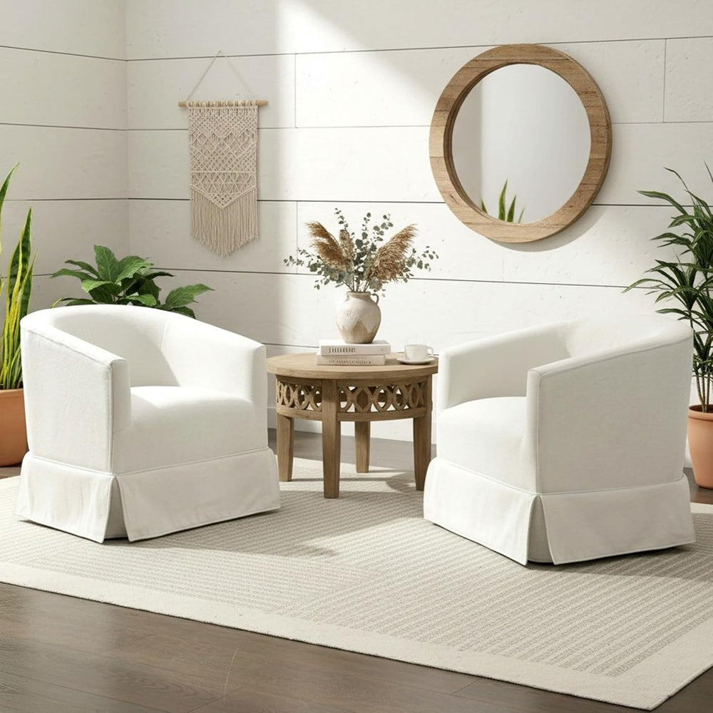 Swivel Accent Chairs Set of 2, Barrel Chair, Skirted Base, White