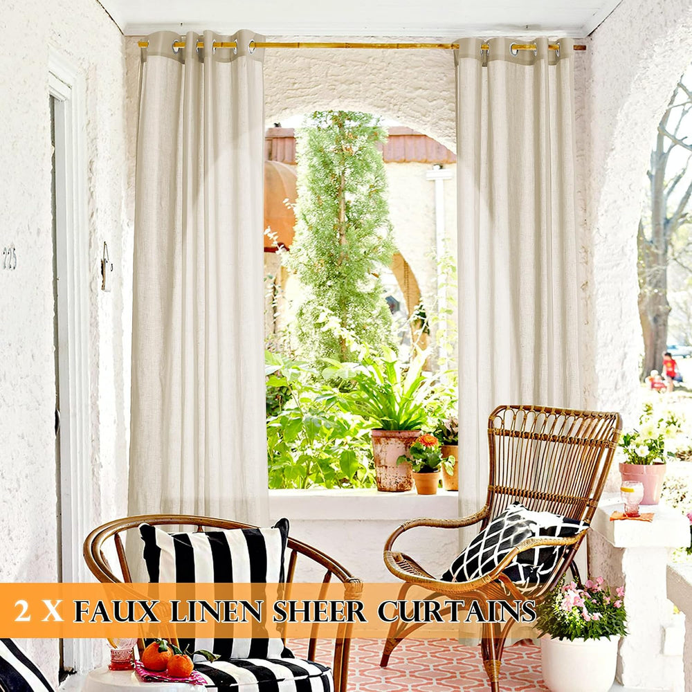 RYB HOME 2 Panels Linen Sheer Outdoor Curtains for Patio Waterproof