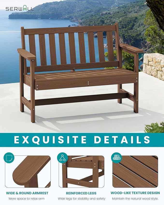 SERWALL Outdoor Bench, HDPE Outdoor Benches Weatherproof, 2-Person Garden Ben...