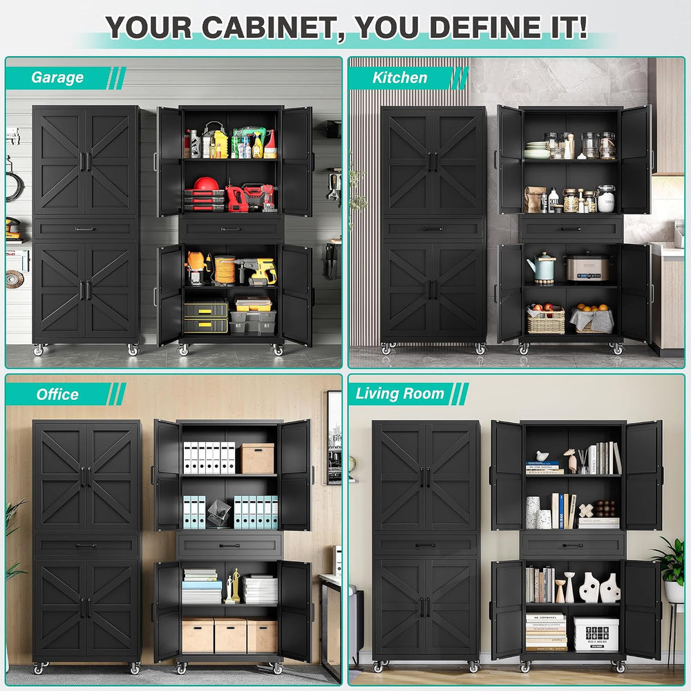 Black Metal Storage Cabinet with Wheels and Drawer,Rolling Garage Cabinet wit...